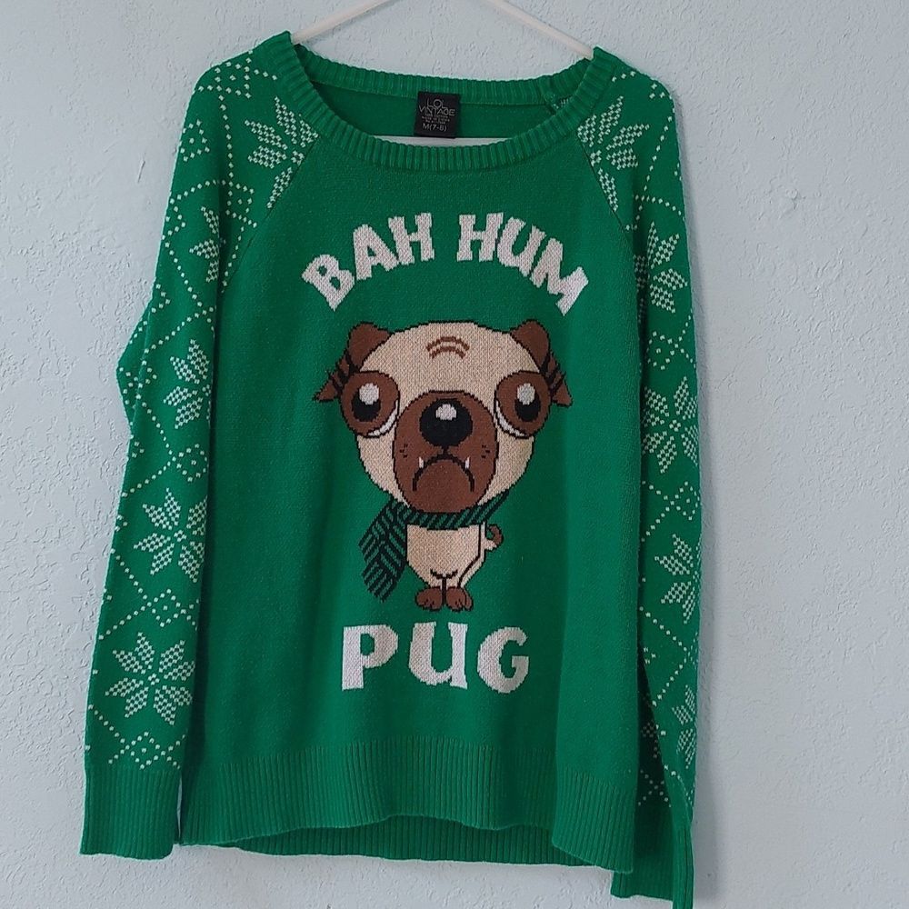 Lol Vintage Bah Hum Pug Puppy Print Christmas Ugly Sweater Size M 7-8